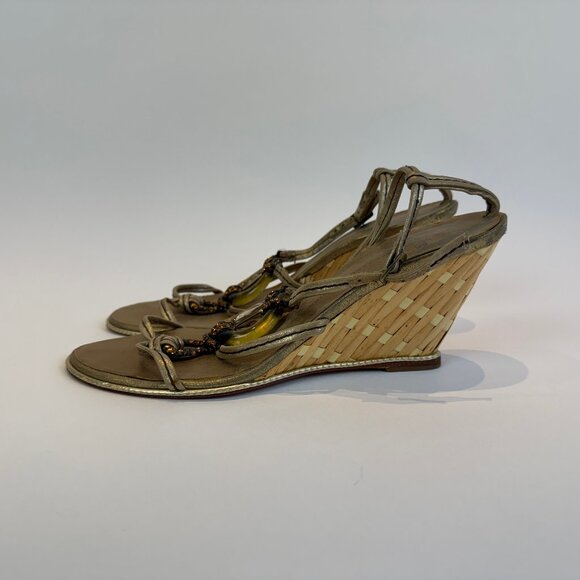 Giuseppe Zanotti Gold Leather & Bamboo Wedge Heels, EU 40 - Picture 4 of 16